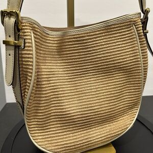 J. Crew Leather Woven Straw Bag Purse Vintage Shoulder Suede Natural Tan